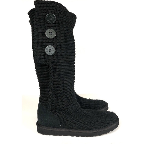 UGG Women’s Crochet Shearling Classic Cardy Black Knit Fold Over Button Boots - Picture 1 of 9